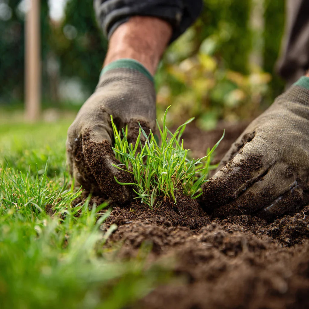 Close-up of gloved hands planting fresh grass sod in soil for lawn seeding in a backyard