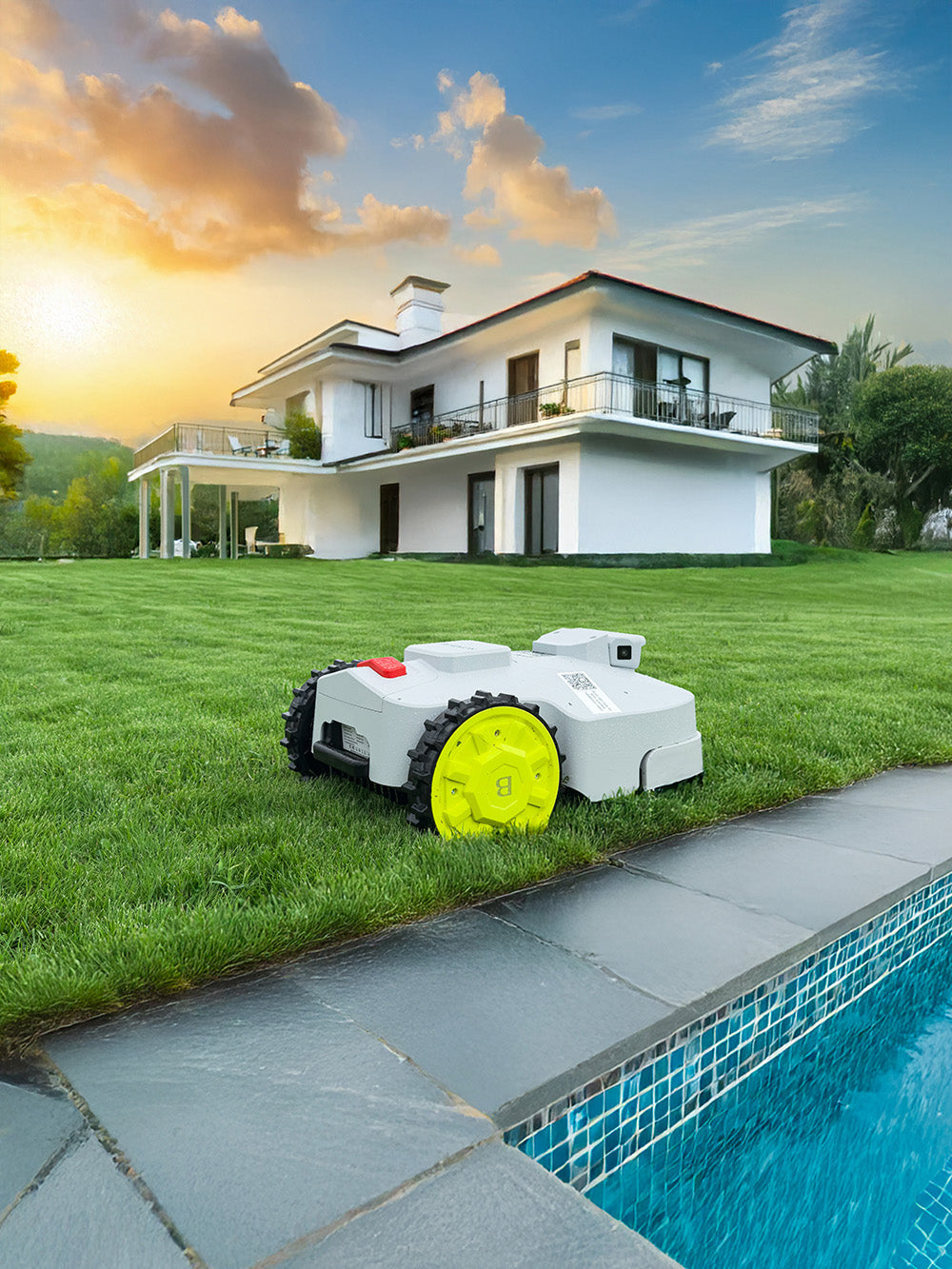 Robotic lawn mower on grass next to a pool with a house in the background