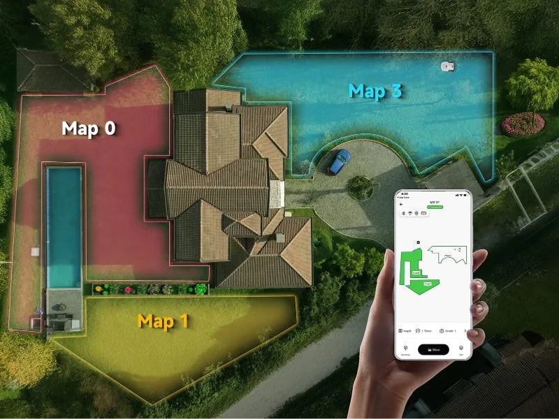 Aerial view of a house with labeled maps and a hand holding a smartphone displaying an app.